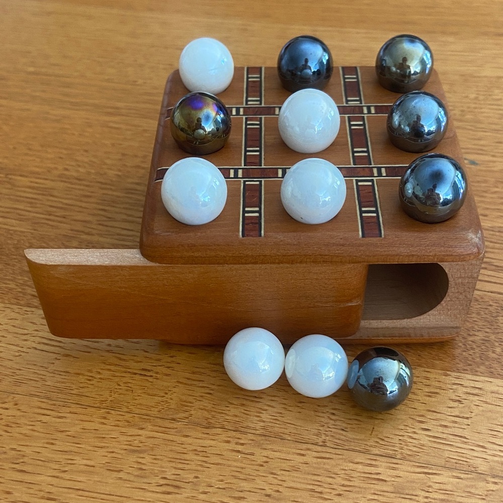 Classic Wooden Three Mens Morris Game Set with White and Metallic Stones